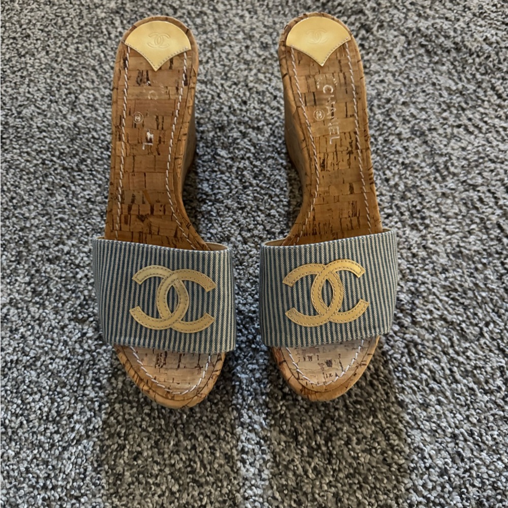 Chanel Gray and Gold Wedge Sandals